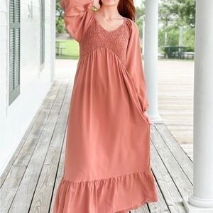 Heyson terra cotta smocked ruffle long sleeve maxi dress pockets fall size m